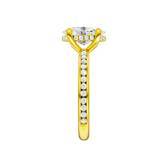A side view of the Oval cut diamond engagement ring in 14k yellow gold with a diamond channel band and cathedral setting