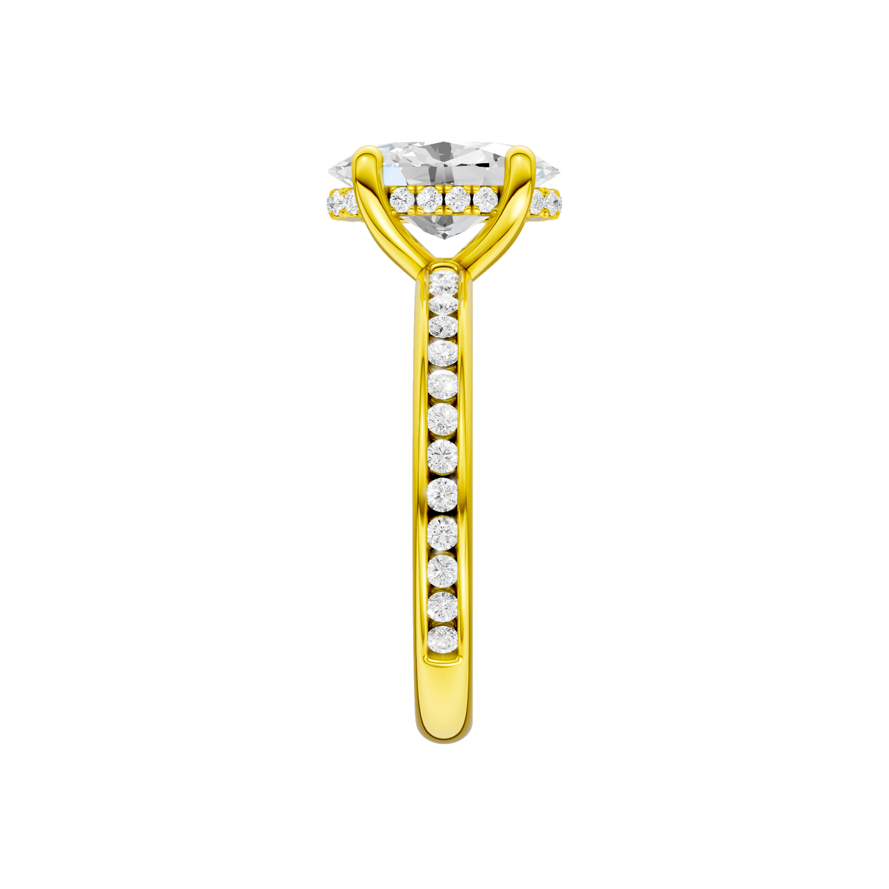 A side view of the Oval cut diamond engagement ring in 14k yellow gold with a diamond channel band and cathedral setting