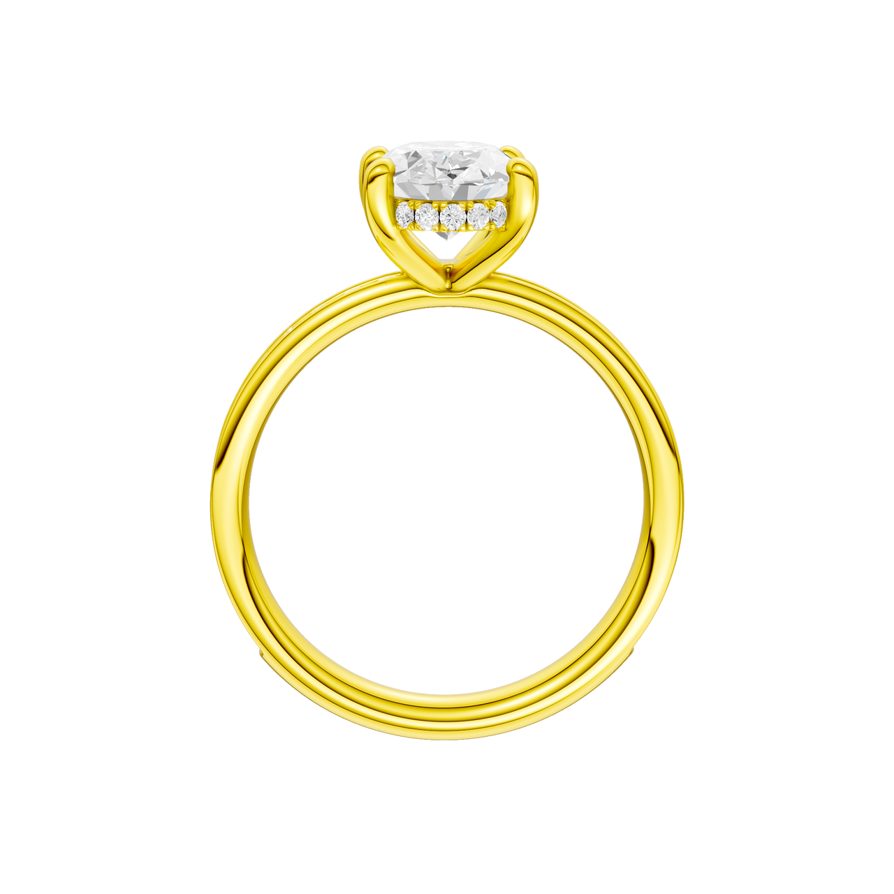 A profile view of the Oval cut diamond engagement ring in 14k yellow gold with a diamond channel band and cathedral setting