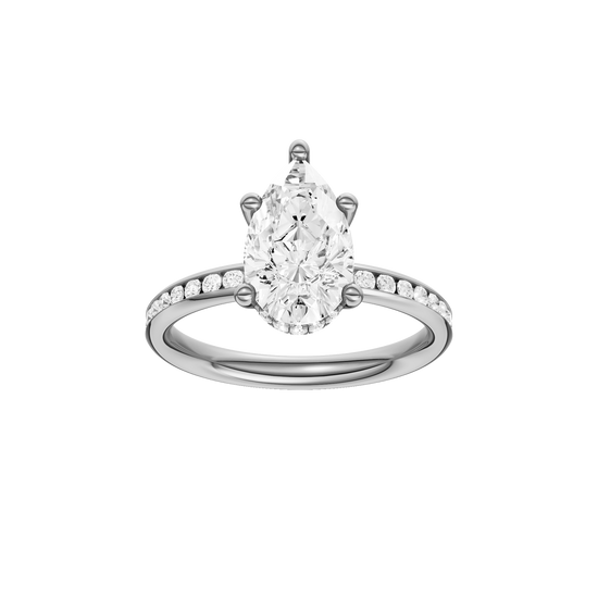 A front view of the Pear cut diamond engagement ring in 14k white gold with a diamond channel band and cathedral setting