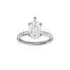 A front view of the Pear cut diamond engagement ring in 14k white gold with a diamond channel band and cathedral setting