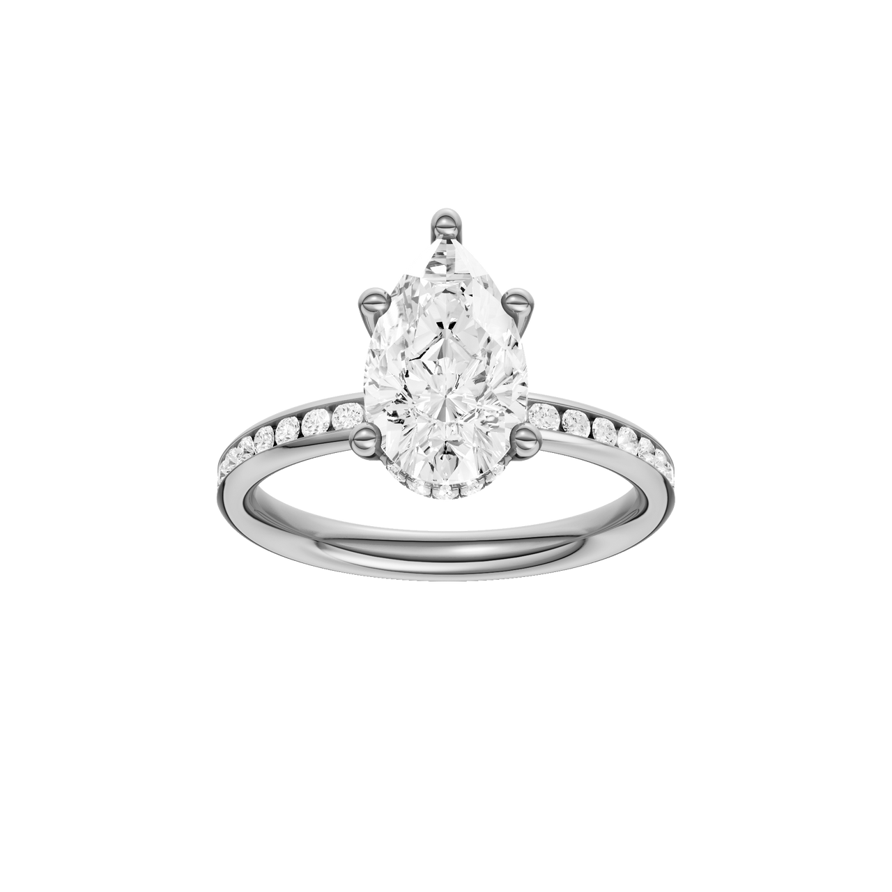 A front view of the Pear cut diamond engagement ring in platinum with a diamond channel band and cathedral setting