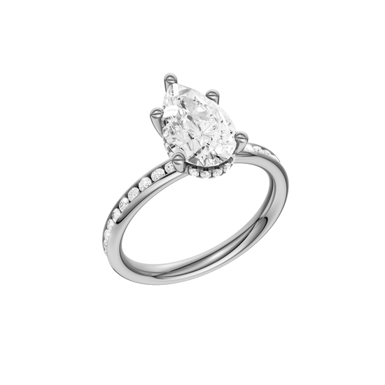 A three-quarter view of the Pear cut diamond engagement ring in 14k white gold with a diamond channel band and cathedral setting