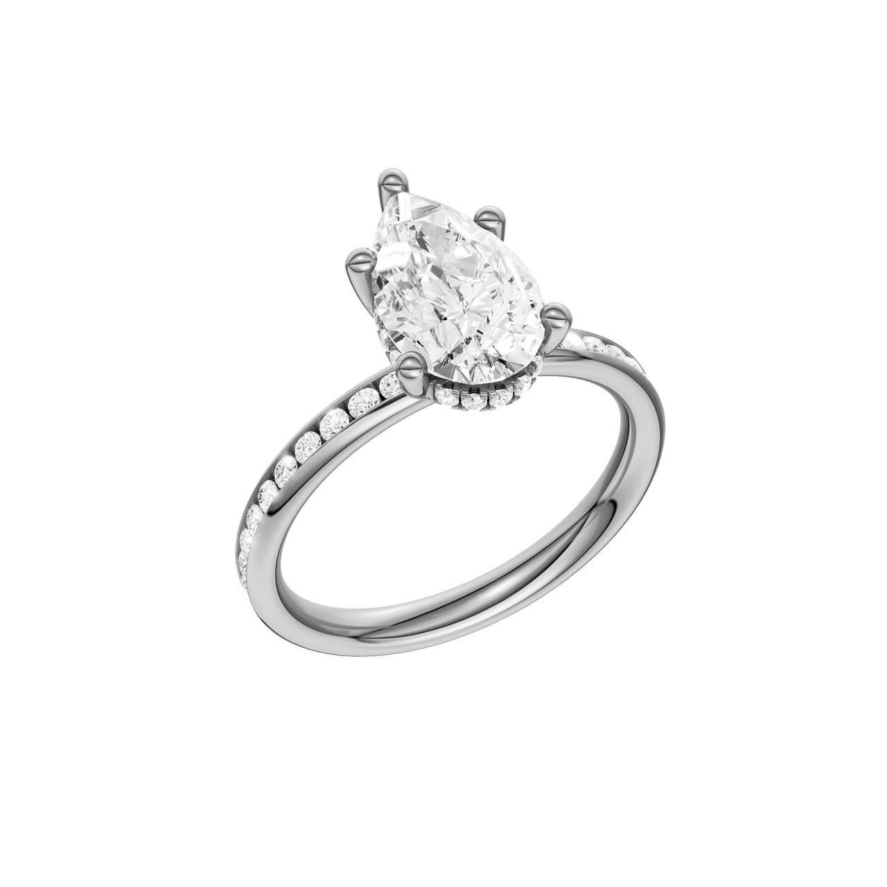 A three-quarter view of the Pear cut diamond engagement ring in 14k white gold with a diamond channel band and cathedral setting