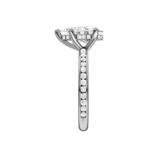 A side view of the Pear cut diamond engagement ring in platinum with a diamond channel band and cathedral setting