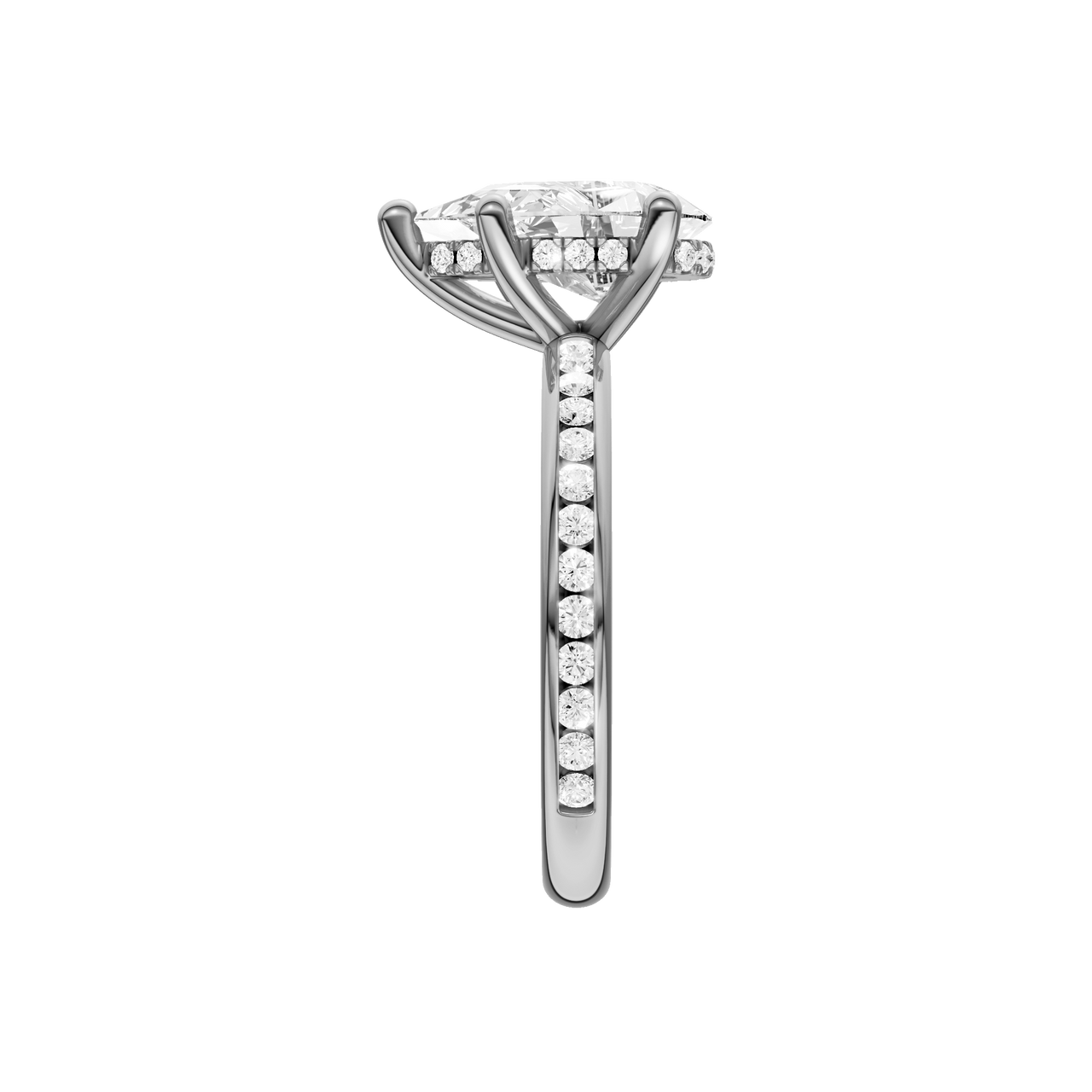 A side view of the Pear cut diamond engagement ring in 14k white gold with a diamond channel band and cathedral setting