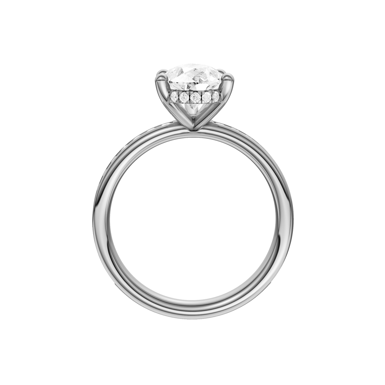 A profile view of the Pear cut diamond engagement ring in 14k white gold with a diamond channel band and cathedral setting