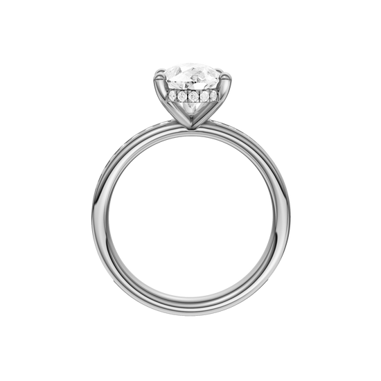 A profile view of the Pear cut diamond engagement ring in platinum with a diamond channel band and cathedral setting