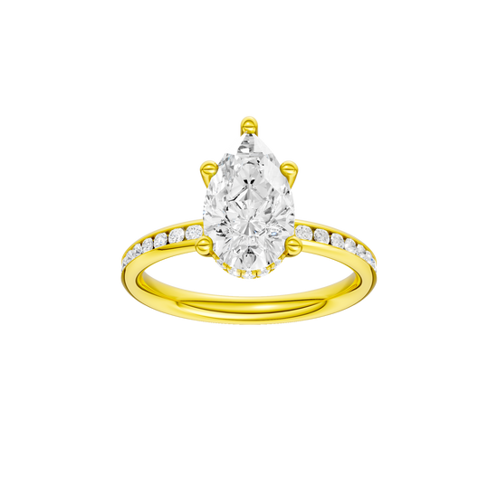 A front view of the Pear cut diamond engagement ring in 14k yellow gold with a diamond channel band and cathedral setting