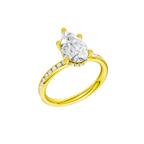 A three-quarter view of the Pear cut diamond engagement ring in 14k yellow gold with a diamond channel band and cathedral setting