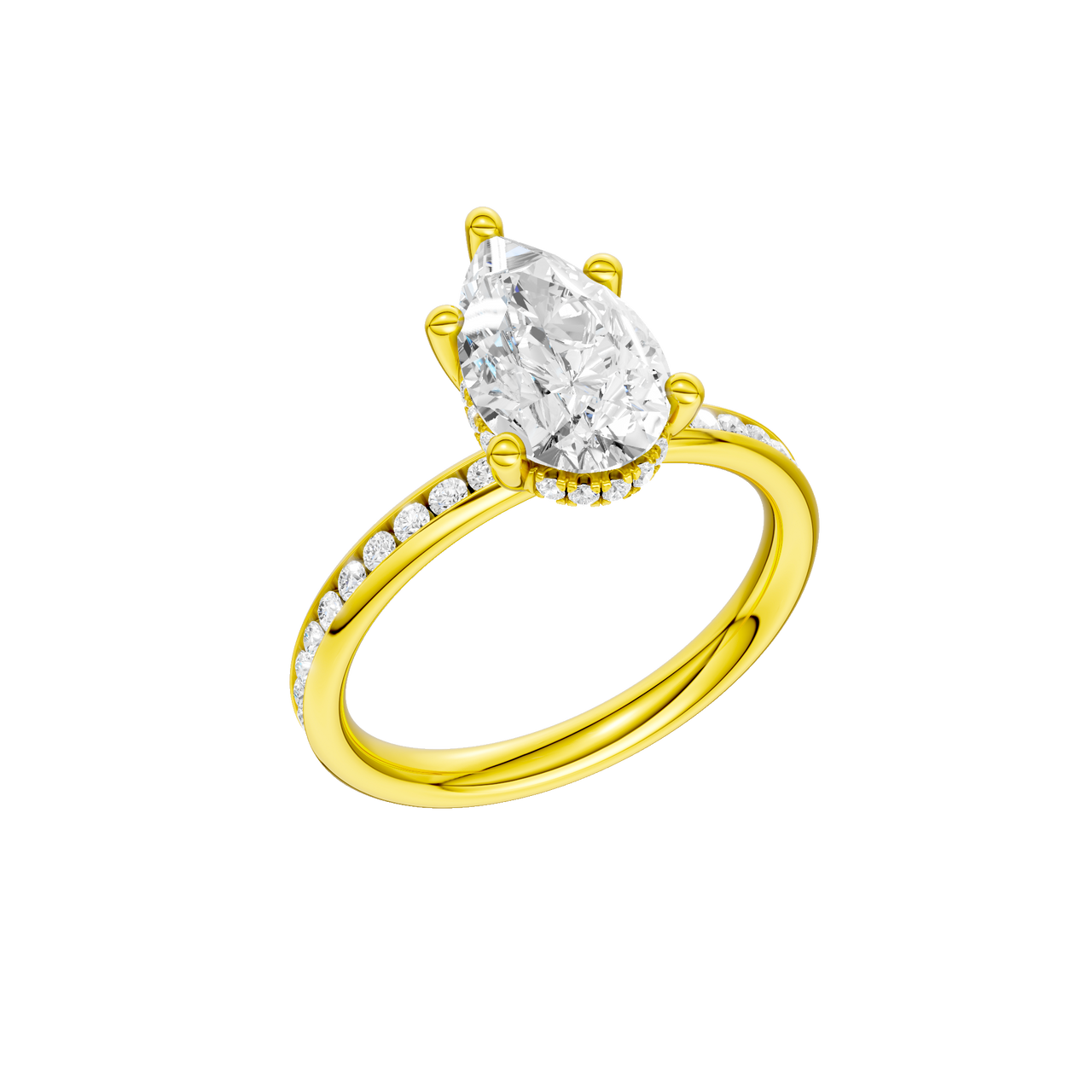A three-quarter view of the Pear cut diamond engagement ring in 14k yellow gold with a diamond channel band and cathedral setting