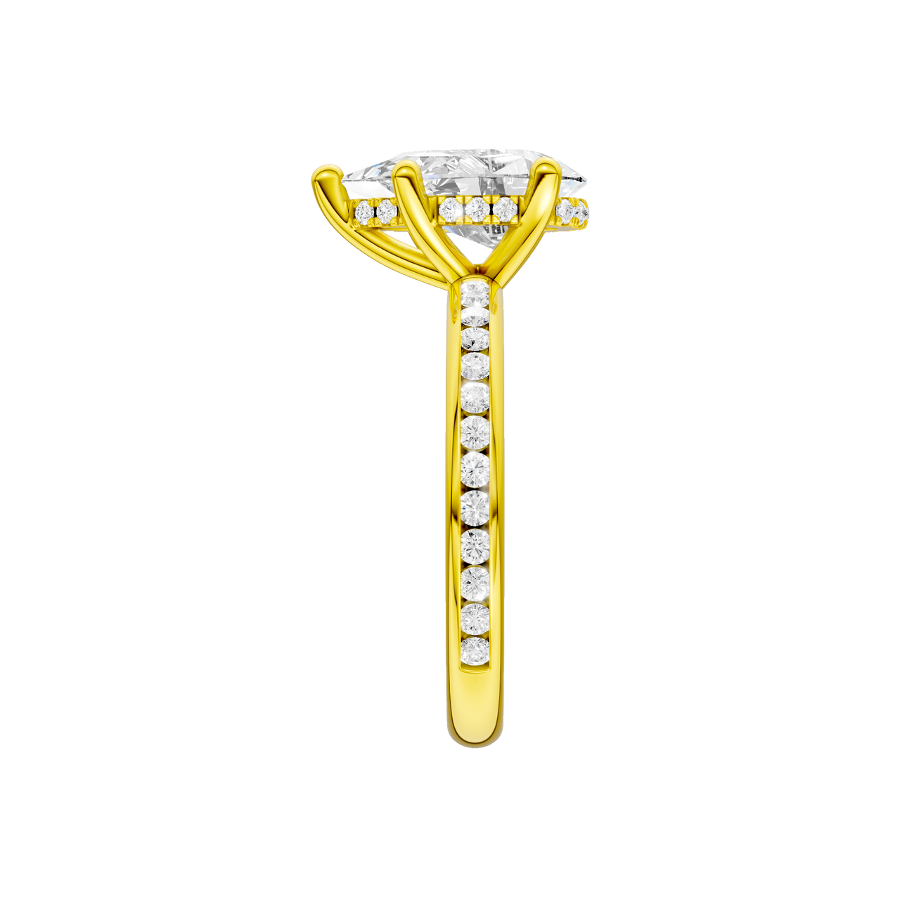 A side view of the Pear cut diamond engagement ring in 14k yellow gold with a diamond channel band and cathedral setting