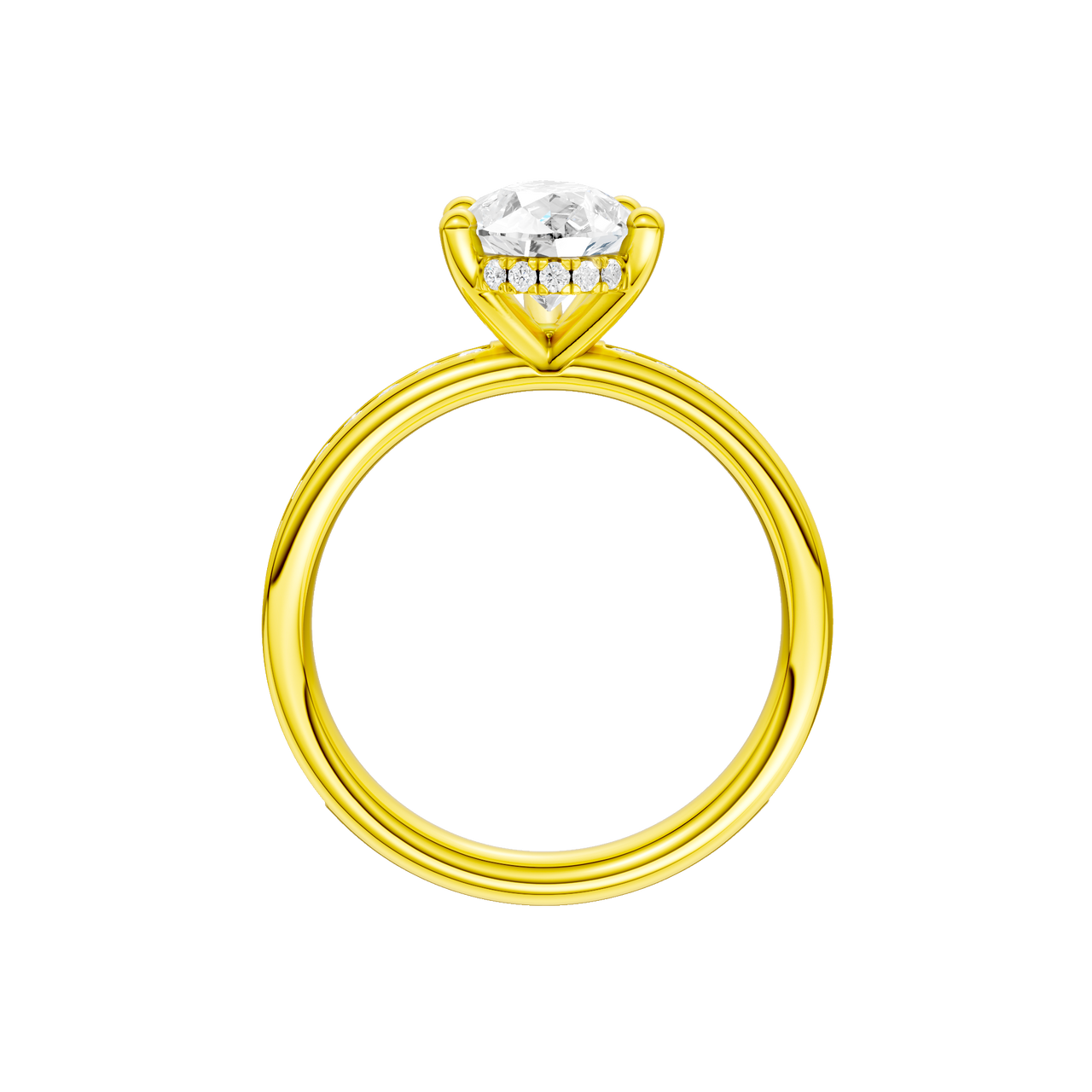 A profile view of the Pear cut diamond engagement ring in 14k yellow gold with a diamond channel band and cathedral setting