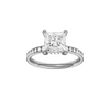 A front view of the Princess cut diamond engagement ring in 14k white gold with a diamond channel band and cathedral setting