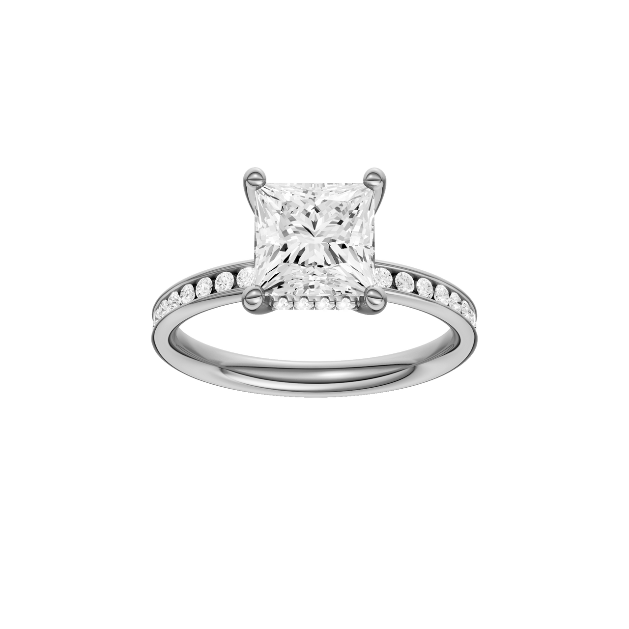 A front view of the Princess cut diamond engagement ring in 14k white gold with a diamond channel band and cathedral setting