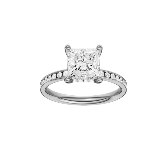 A front view of the Princess cut diamond engagement ring in platinum with a diamond channel band and cathedral setting