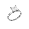 A three-quarter view of the Princess cut diamond engagement ring in platinum with a diamond channel band and cathedral setting