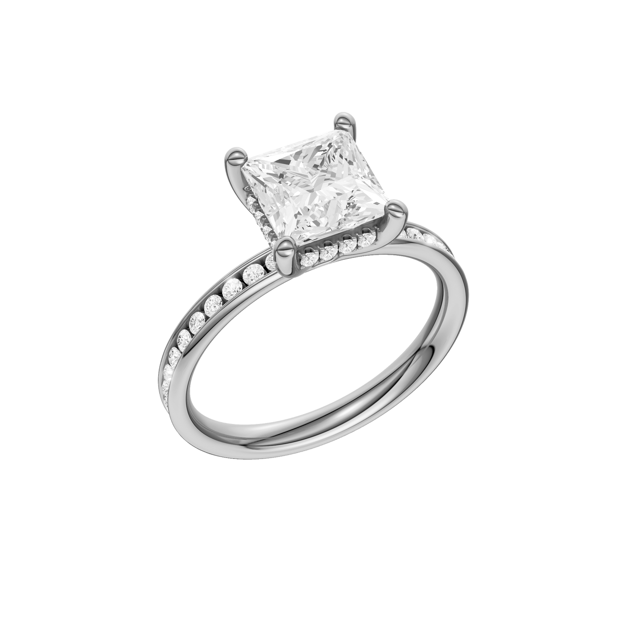 A three-quarter view of the Princess cut diamond engagement ring in platinum with a diamond channel band and cathedral setting