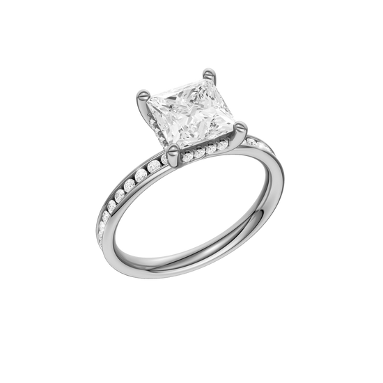 A three-quarter view of the Princess cut diamond engagement ring in 14k white gold with a diamond channel band and cathedral setting