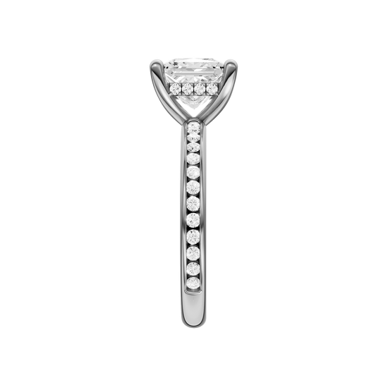 A side view of the Princess cut diamond engagement ring in 14k white gold with a diamond channel band and cathedral setting