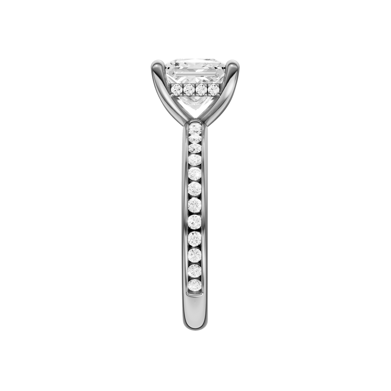 A side view of the Princess cut diamond engagement ring in 14k white gold with a diamond channel band and cathedral setting