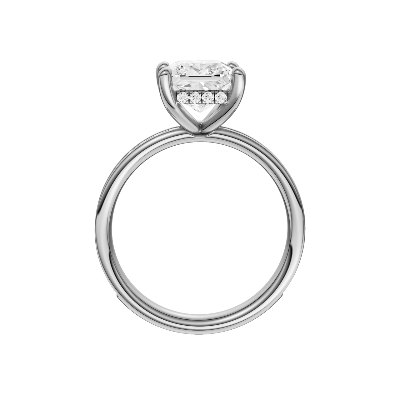 A profile view of the Princess cut diamond engagement ring in platinum with a diamond channel band and cathedral setting