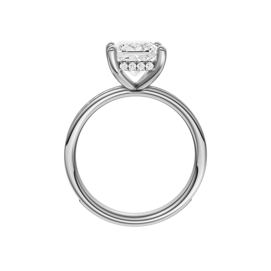 A profile view of the Princess cut diamond engagement ring in 14k white gold with a diamond channel band and cathedral setting