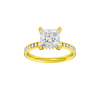 A front view of the Princess cut diamond engagement ring in 14k yellow gold with a diamond channel band and cathedral setting
