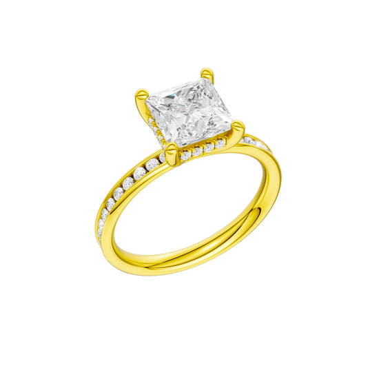 A three-quarter view of the Princess cut diamond engagement ring in 14k yellow gold with a diamond channel band and cathedral setting