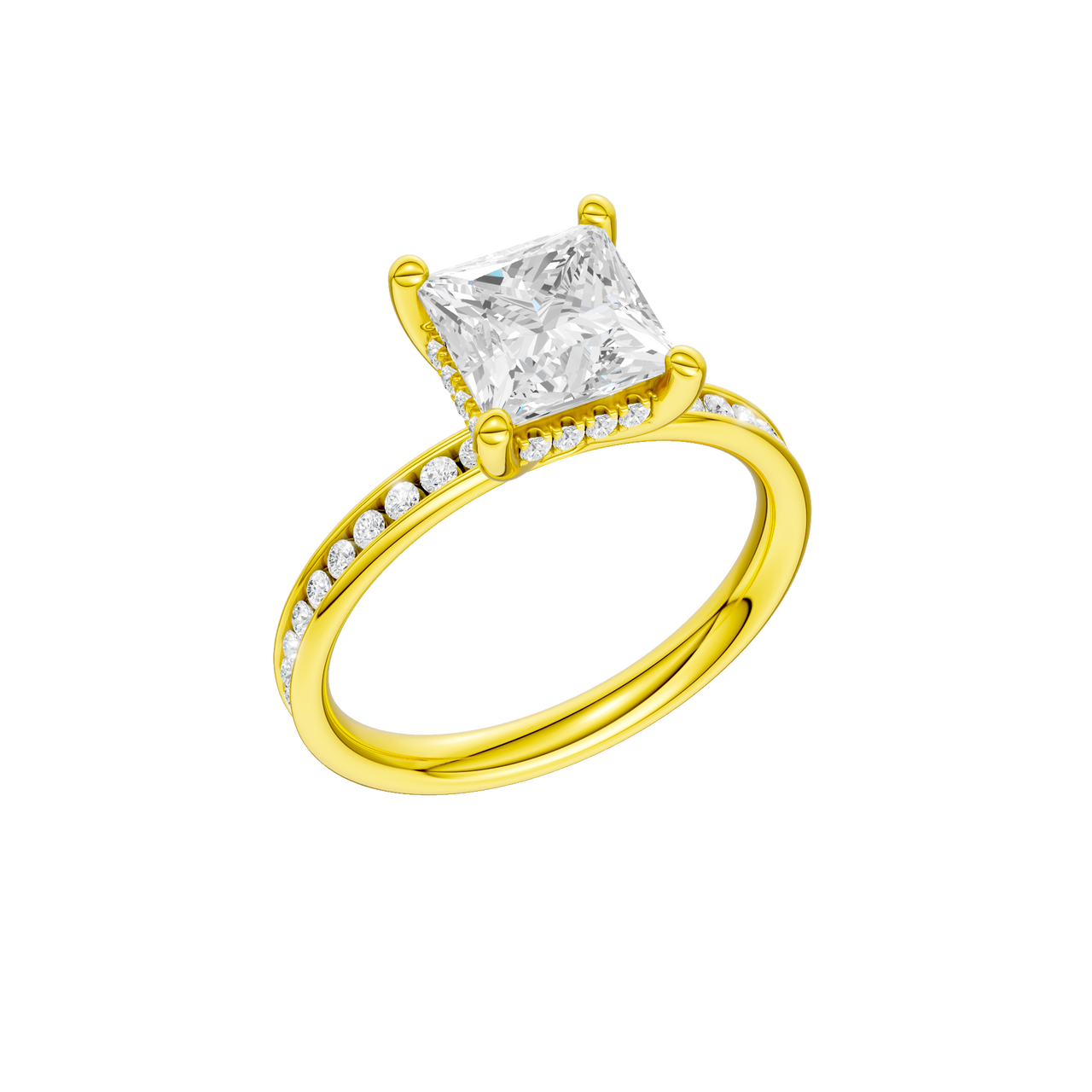 A three-quarter view of the Princess cut diamond engagement ring in 14k yellow gold with a diamond channel band and cathedral setting