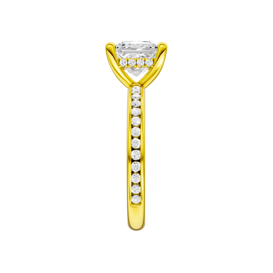 A side view of the Princess cut diamond engagement ring in 14k yellow gold with a diamond channel band and cathedral setting