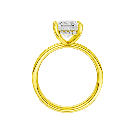 A profile view of the Princess cut diamond engagement ring in 14k yellow gold with a diamond channel band and cathedral setting