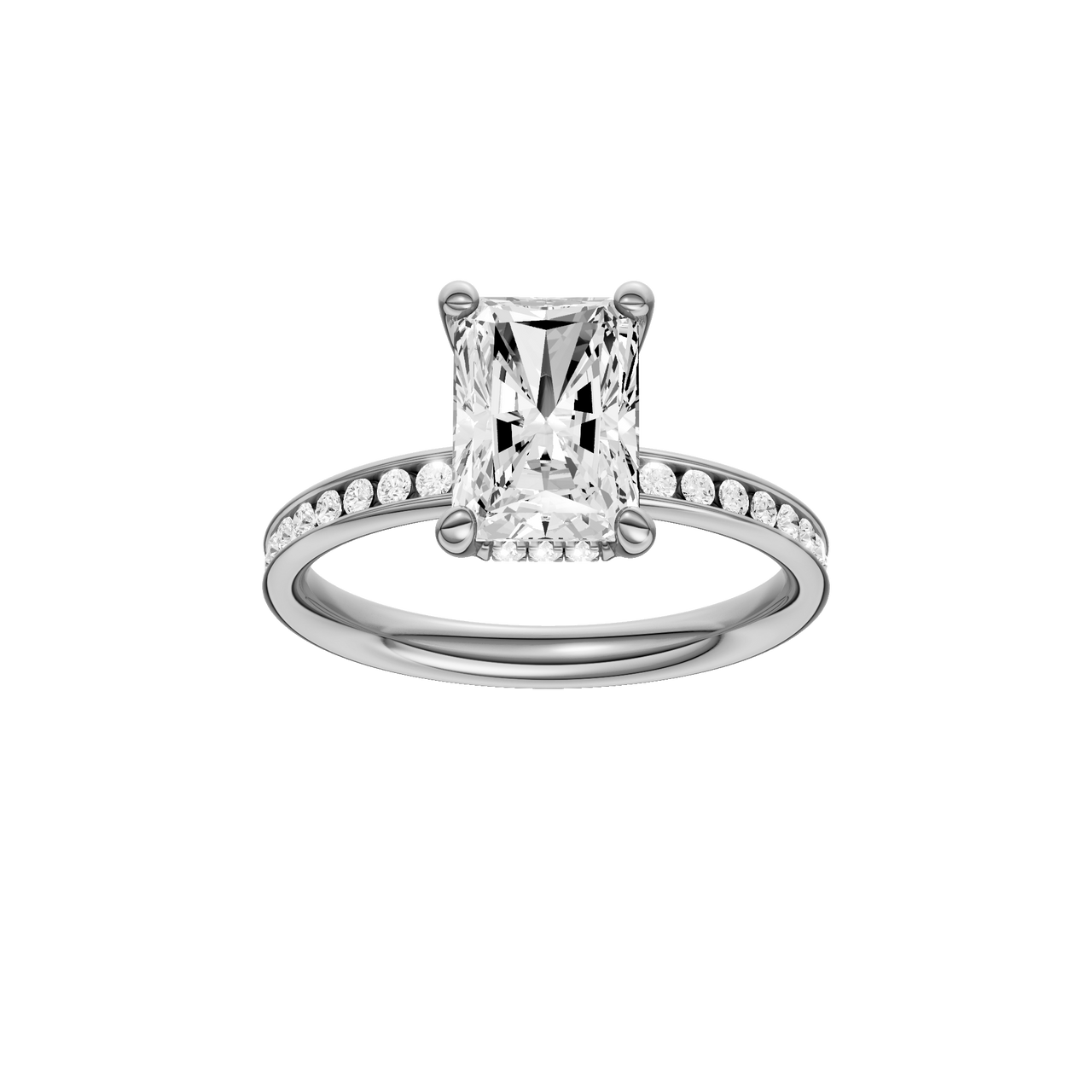 A front view of the Radiant cut diamond engagement ring in platinum with a diamond channel band and cathedral setting