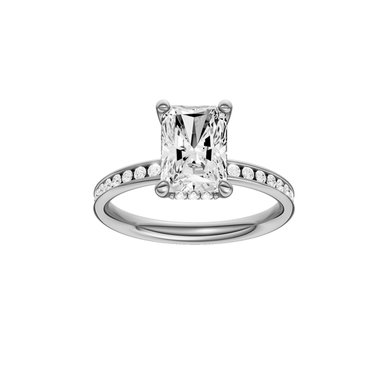 A front view of the Radiant cut diamond engagement ring in 14k white gold with a diamond channel band and cathedral setting