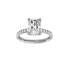 A front view of the Radiant cut diamond engagement ring in 14k white gold with a diamond channel band and cathedral setting