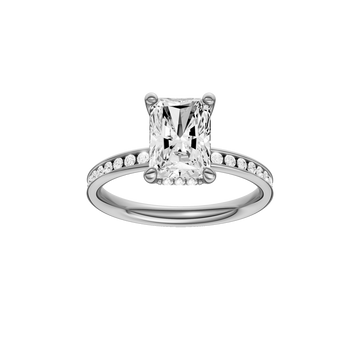 A front view of the Radiant cut diamond engagement ring in 14k white gold with a diamond channel band and cathedral setting