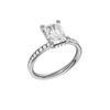 A three-quarter view of the Radiant cut diamond engagement ring in platinum with a diamond channel band and cathedral setting
