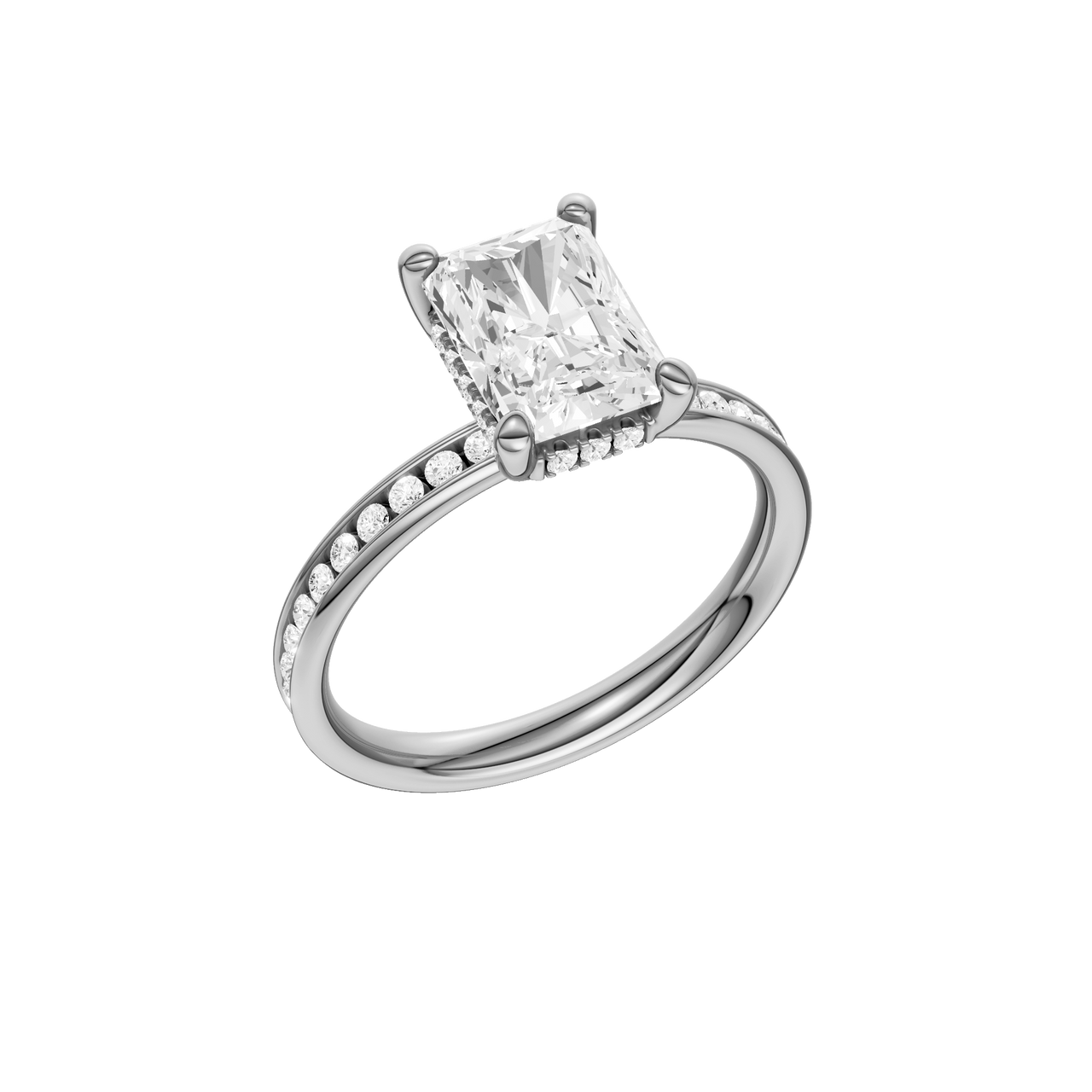 A three-quarter view of the Radiant cut diamond engagement ring in platinum with a diamond channel band and cathedral setting