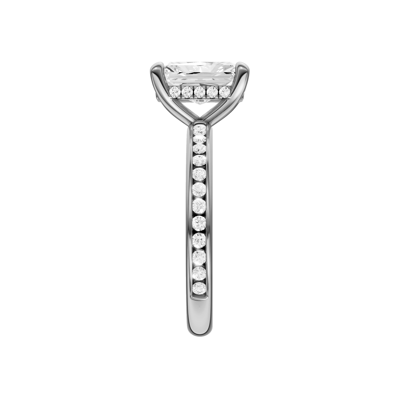 A side view of the Radiant cut diamond engagement ring in platinum with a diamond channel band and cathedral setting