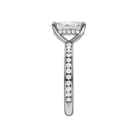 A side view of the Radiant cut diamond engagement ring in 14k white gold with a diamond channel band and cathedral setting