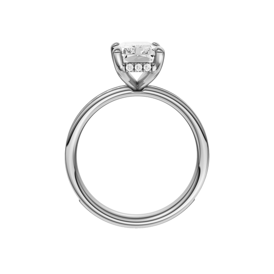 A profile view of the Radiant cut diamond engagement ring in 14k white gold with a diamond channel band and cathedral setting
