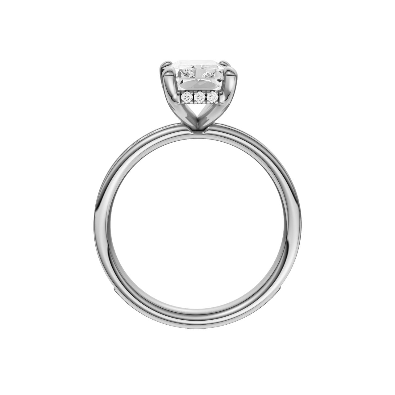 A profile view of the Radiant cut diamond engagement ring in 14k white gold with a diamond channel band and cathedral setting
