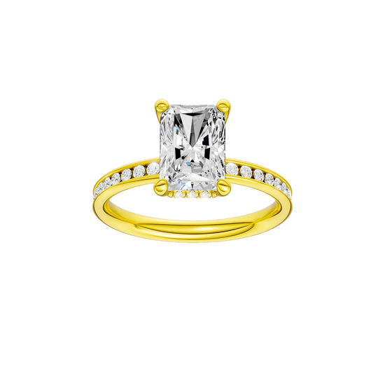 A front view of the Radiant cut diamond engagement ring in 14k yellow gold with a diamond channel band and cathedral setting