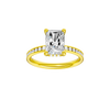 A front view of the Radiant cut diamond engagement ring in 14k yellow gold with a diamond channel band and cathedral setting