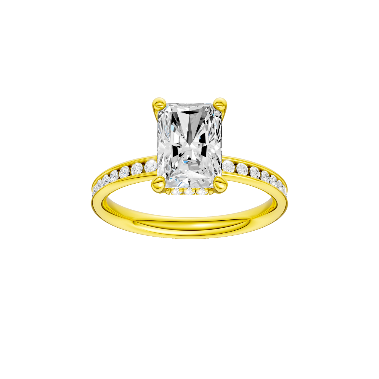A front view of the Radiant cut diamond engagement ring in 14k yellow gold with a diamond channel band and cathedral setting