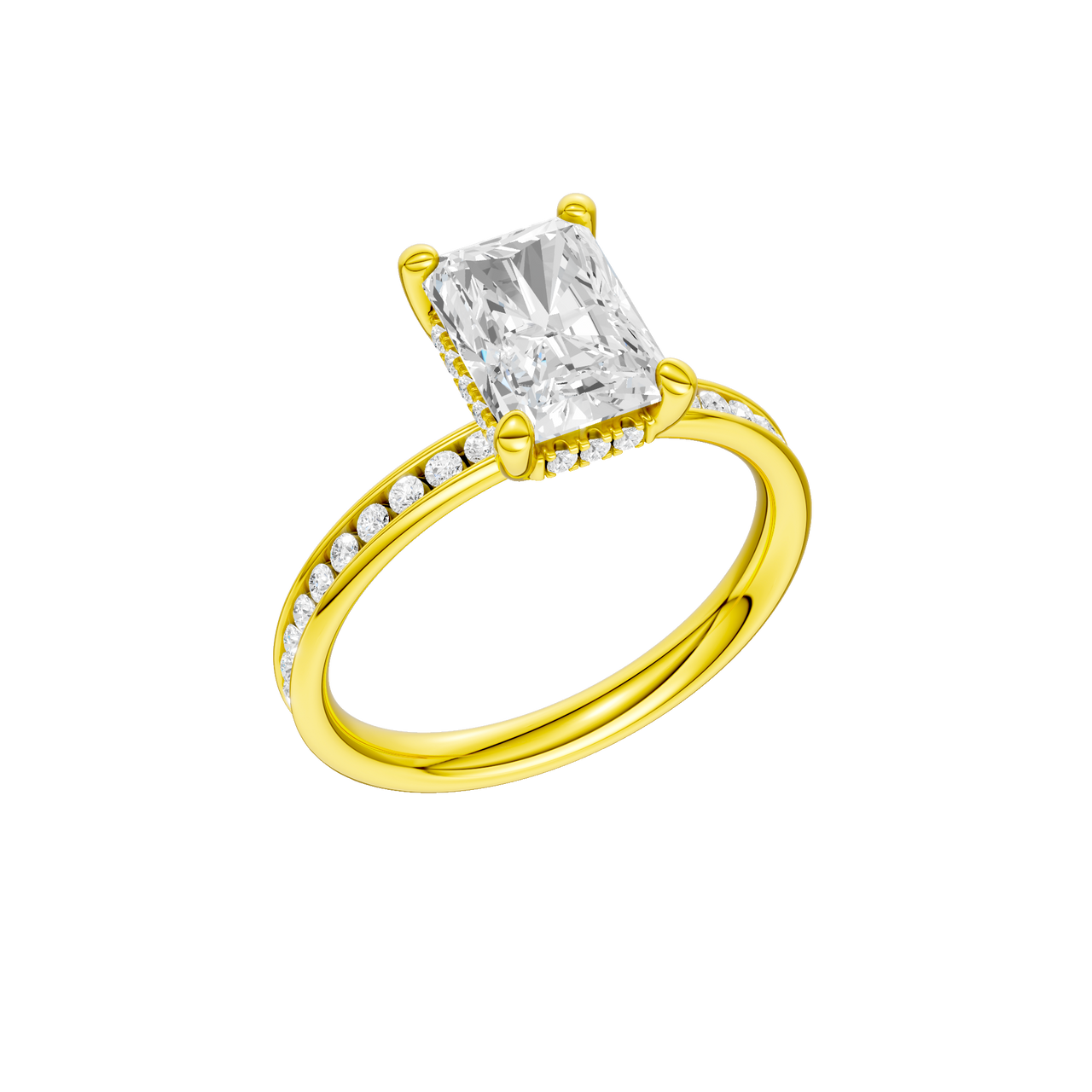 A three-quarter view of the Radiant cut diamond engagement ring in 14k yellow gold with a diamond channel band and cathedral setting