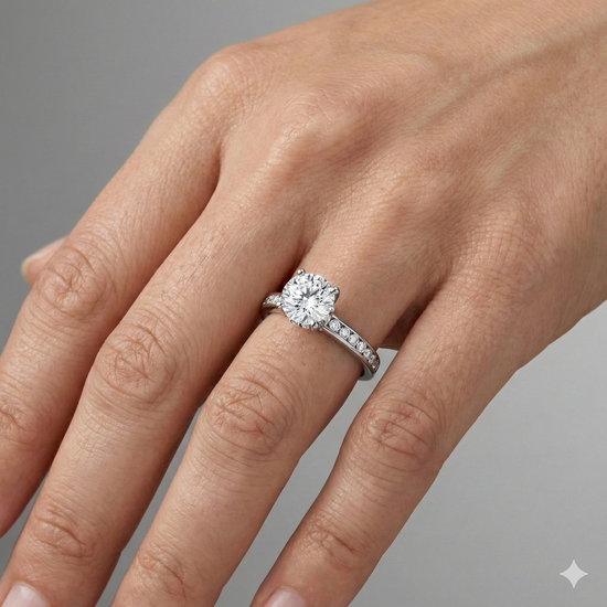 Round cut diamond engagement ring in 14k white gold with a diamond channel band and cathedral setting on a hand