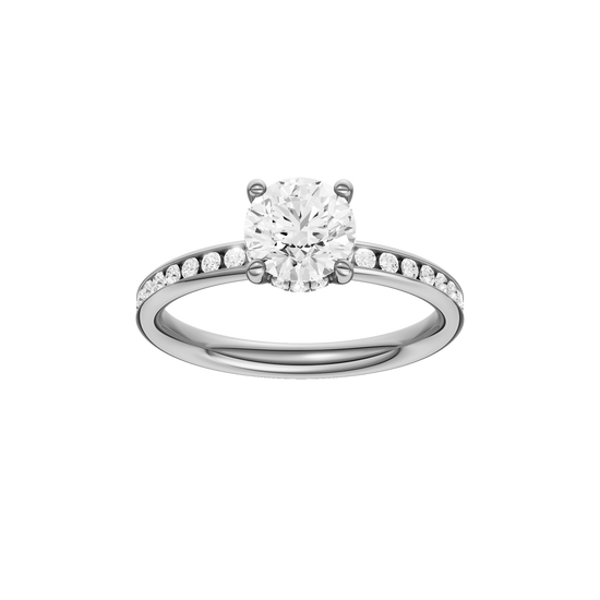 A front view of the Round cut diamond engagement ring in platinum with a diamond channel band and cathedral setting