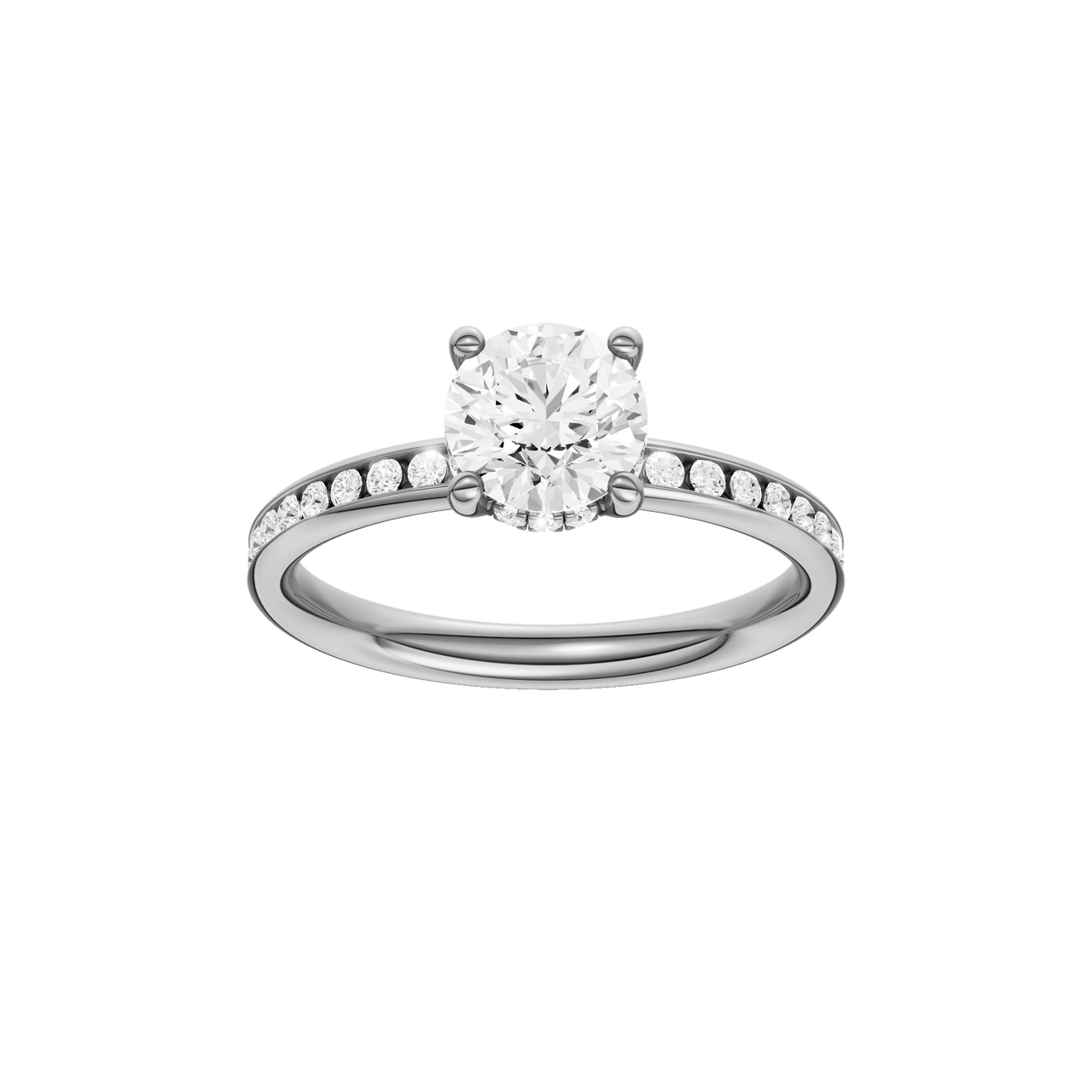 A front view of the Round cut diamond engagement ring in 14k white gold with a diamond channel band and cathedral setting