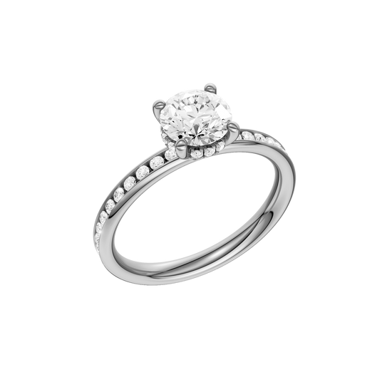 A three-quarter view of the Round cut diamond engagement ring in 14k white gold with a diamond channel band and cathedral setting